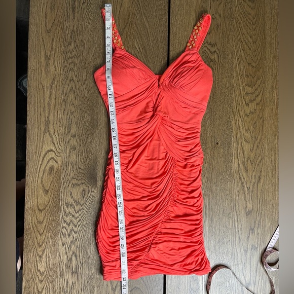 Coral V- Neckline Scrunch Sexy Dress w/Rhinestones Flattering Stretch Size S - Picture 5 of 8